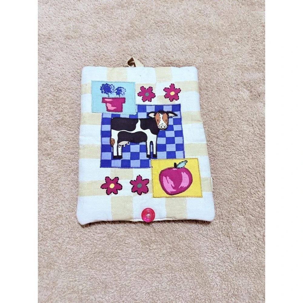 Vintage Quilted Puff Pot Holder Trivet For Hot Stuff Cow Print With Flowers
